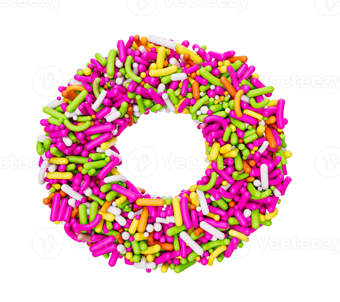 Alphabet O made of Colorful Sprinkles Letter o Rainbow sprinkles 3d illustration png