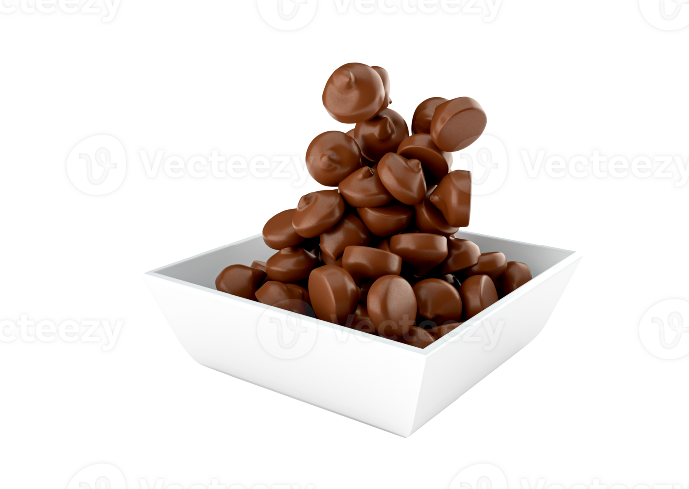 Chocolate Chips Falling filling on Square bowl isolated, 3d illustration png