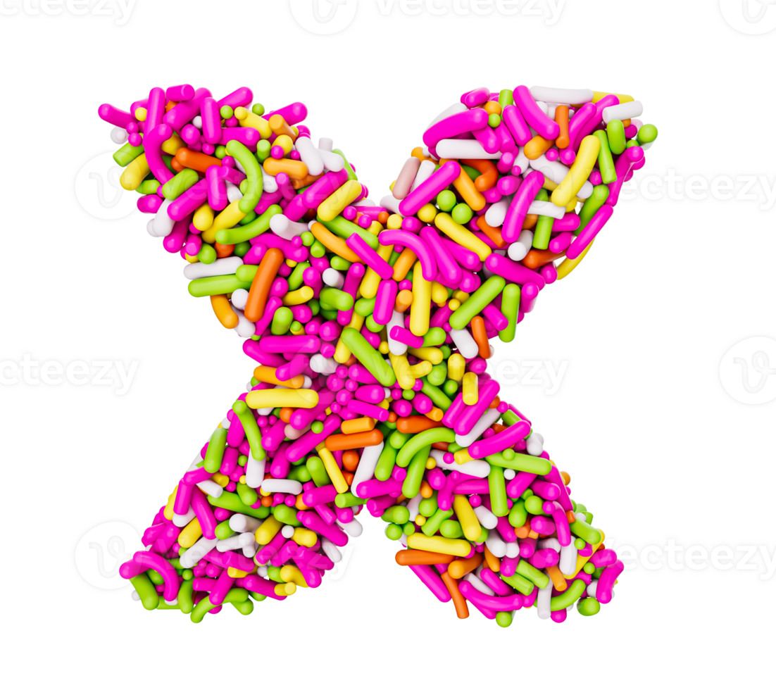 alfabet x tillverkad av färgrik strössel brev x regnbåge strössel 3d illustration png