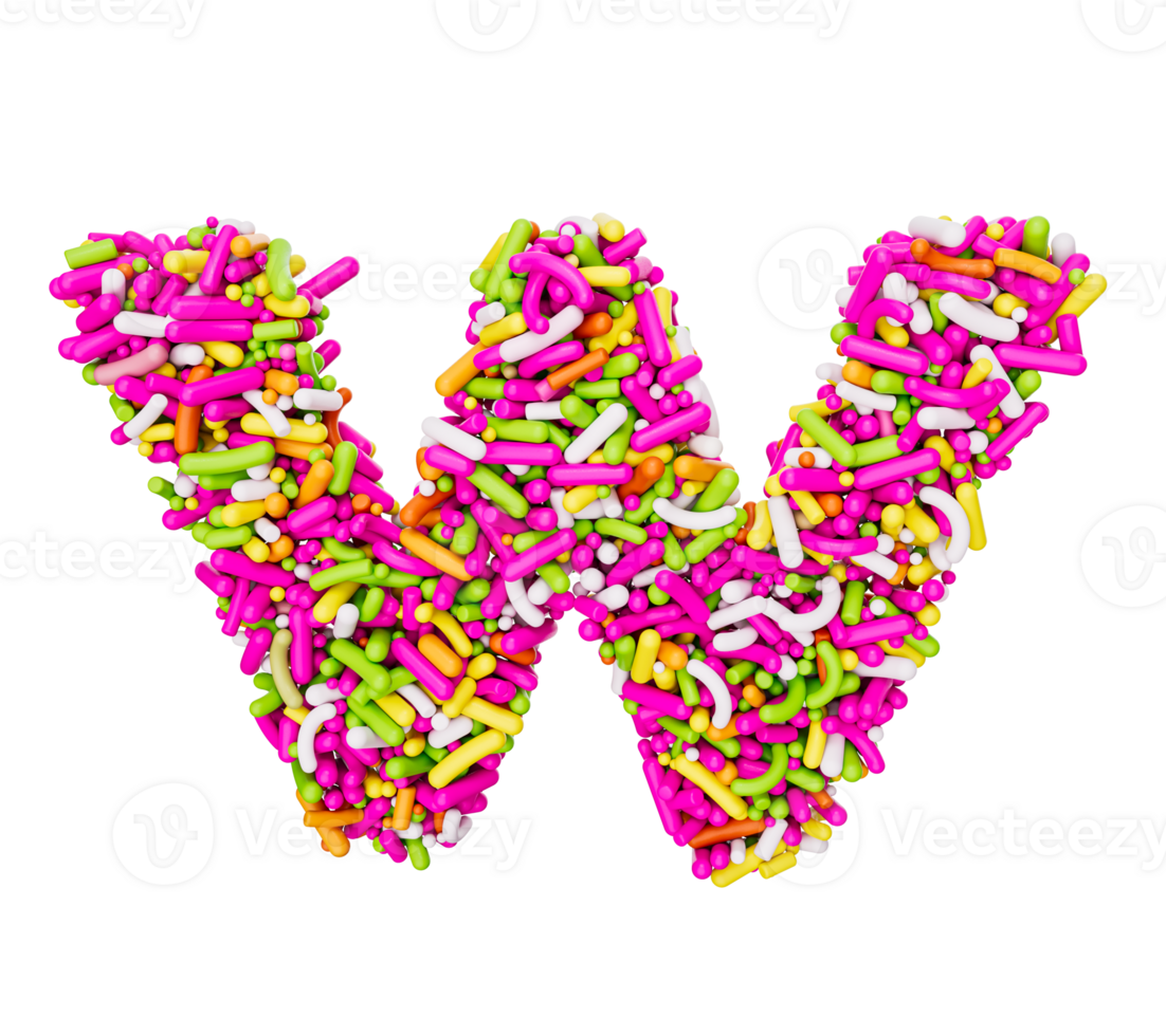 alfabetet w gjord av färgglada strössel bokstaven w regnbågsströssel 3d-illustration png