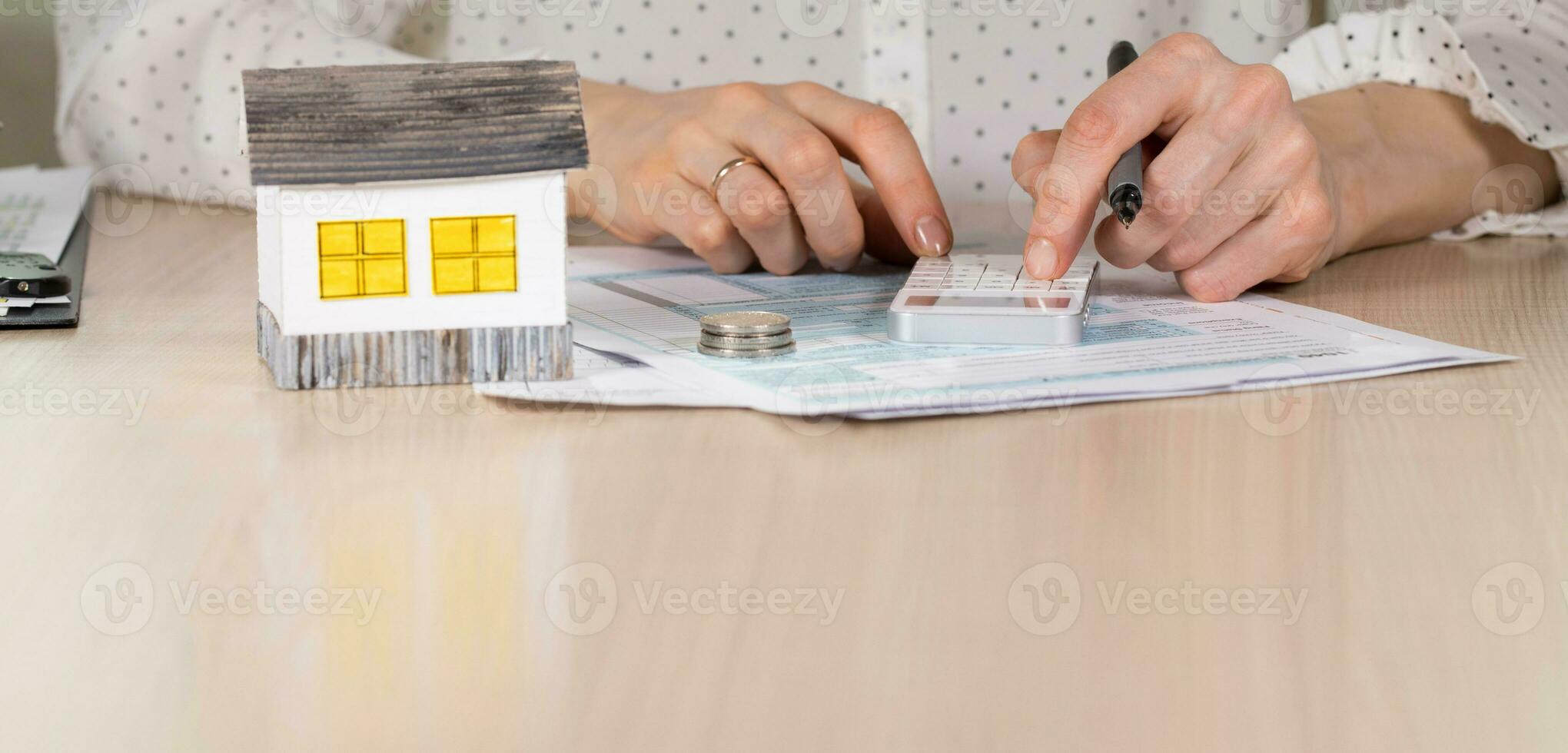 Young woman makes some calculations. photo