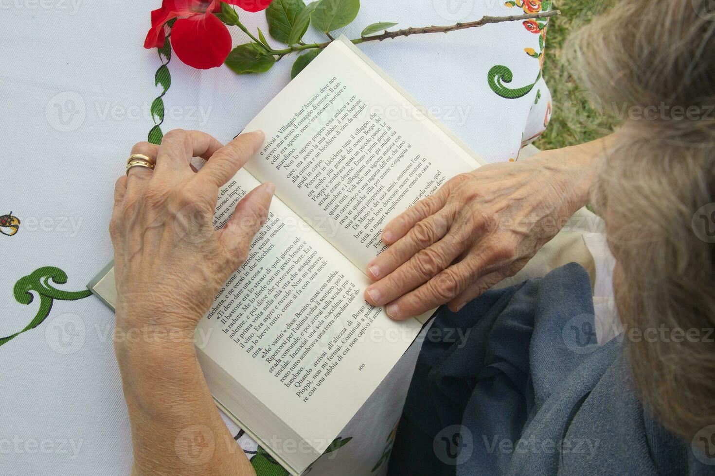 An old woman is reading a book photo