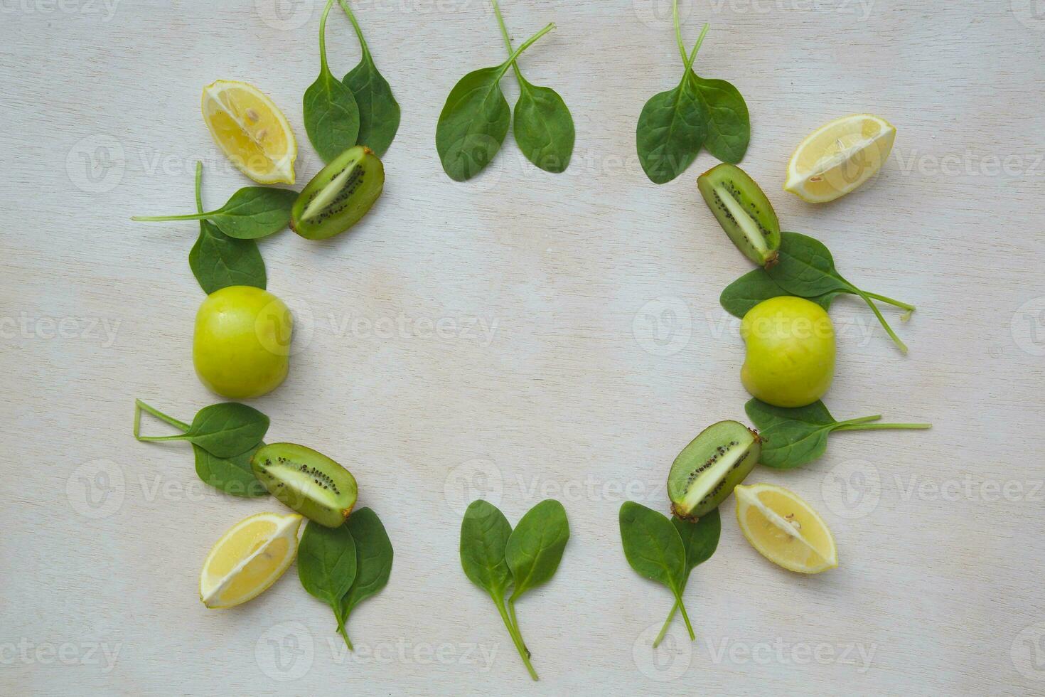 Green smoothie ingredients background. photo