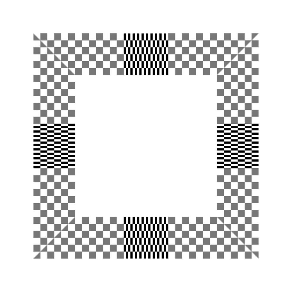 Black and white checkered square frame vector illustration. Checker squarish border. Checkerboard squares race flag grid.