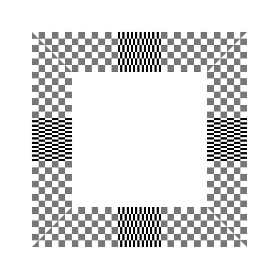 Black and white checkered square frame vector illustration. Checker squarish border. Checkerboard squares race flag grid.