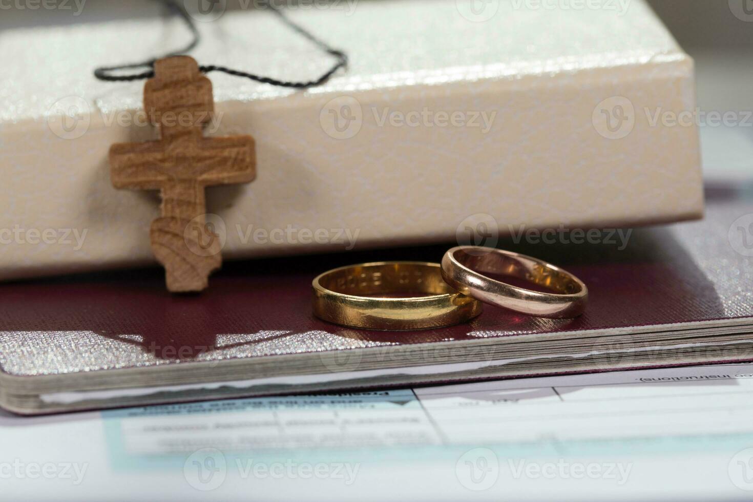 Marriage rings close to bible with wooden cross. photo