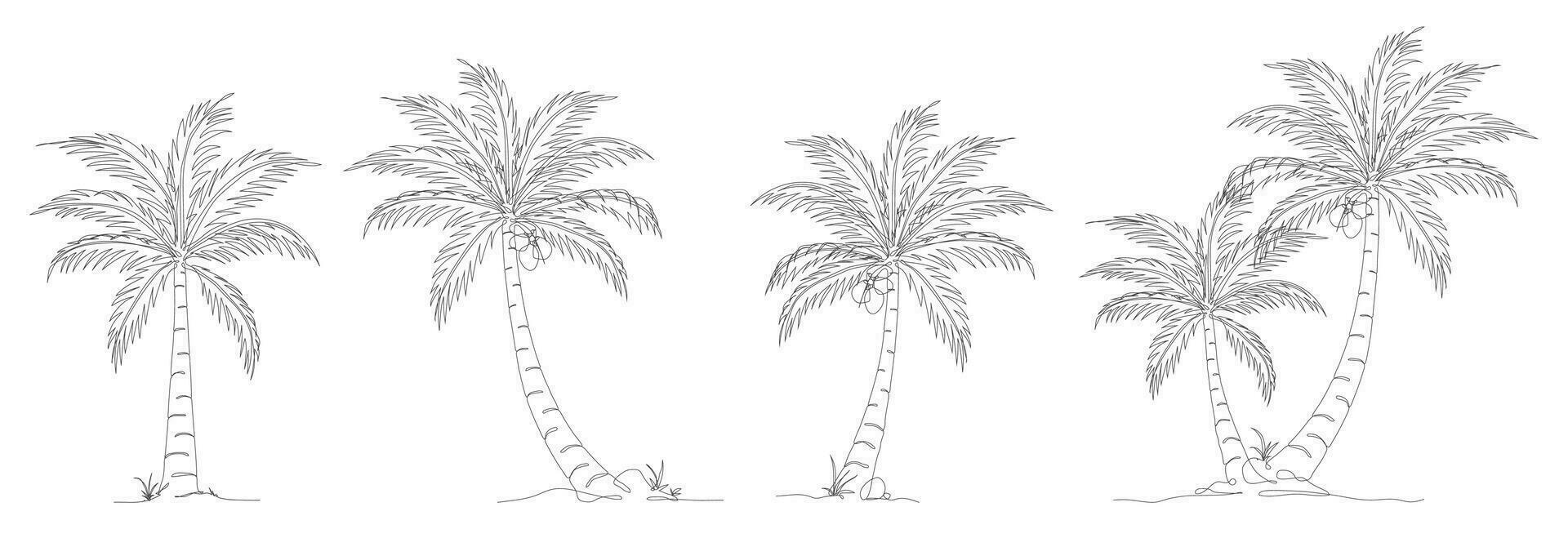 Coconut tree line art drawing collection. Single continuous line drawing of coconut palm tree set. Set of decorative coconut palm tree concept. Coconut tree modern one line drawing vector illustration