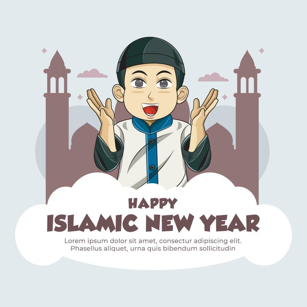 Tahun baru islam. Islamic new year boy character illustration pro download vector