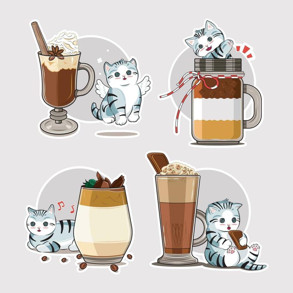 Collection of cute cats with iced coffee vector illustration pro download