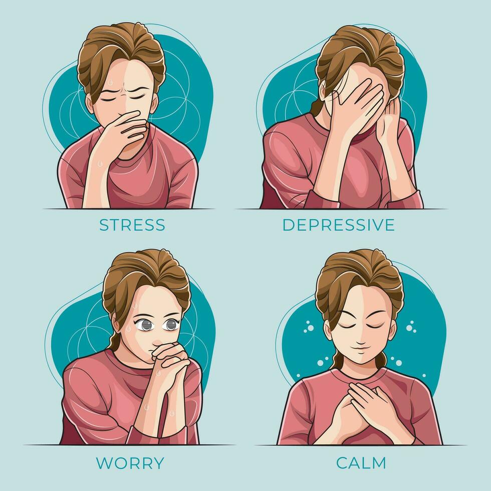 Mental Health Set. Illustration of young girl who is depressed pro download vector