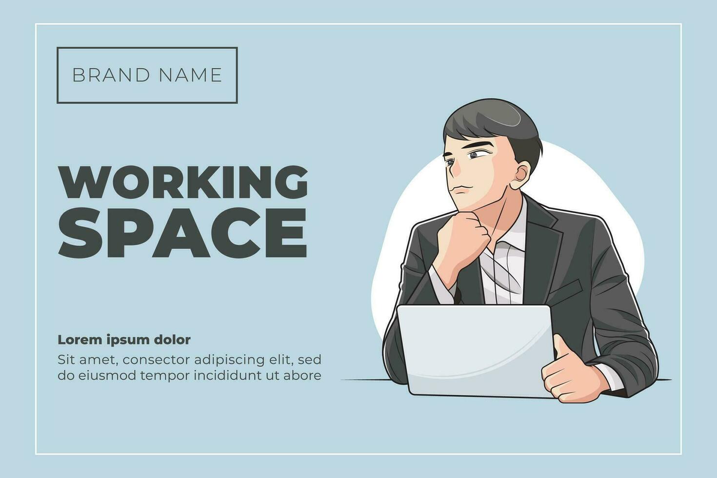 Working space landing page. Young businessman looking away with laptop on table free download vector