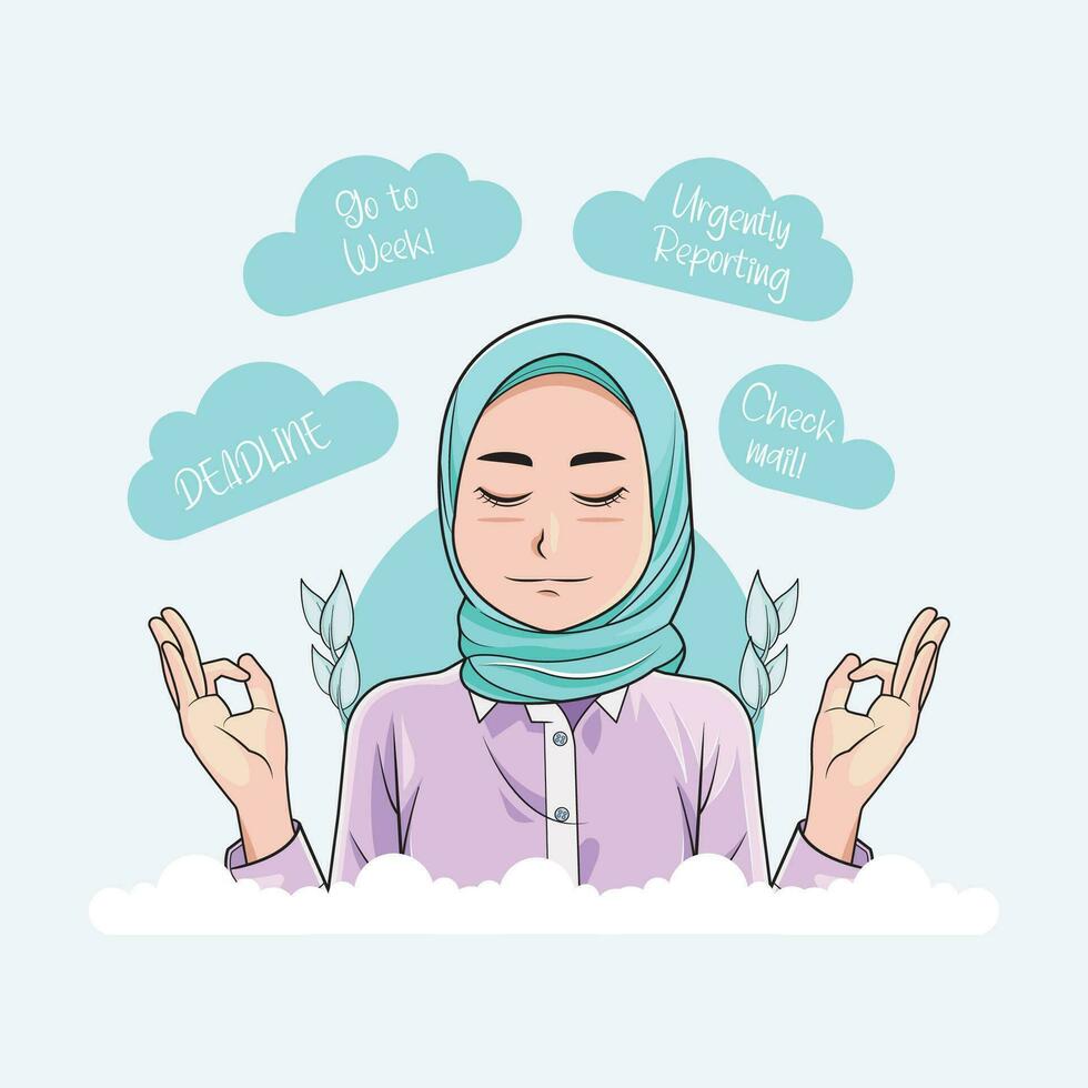 mental y físico bienestar. calma relajante hijab hembra oficina trabajador siente aliviado y estrés gratis meditación gratis descargar vector