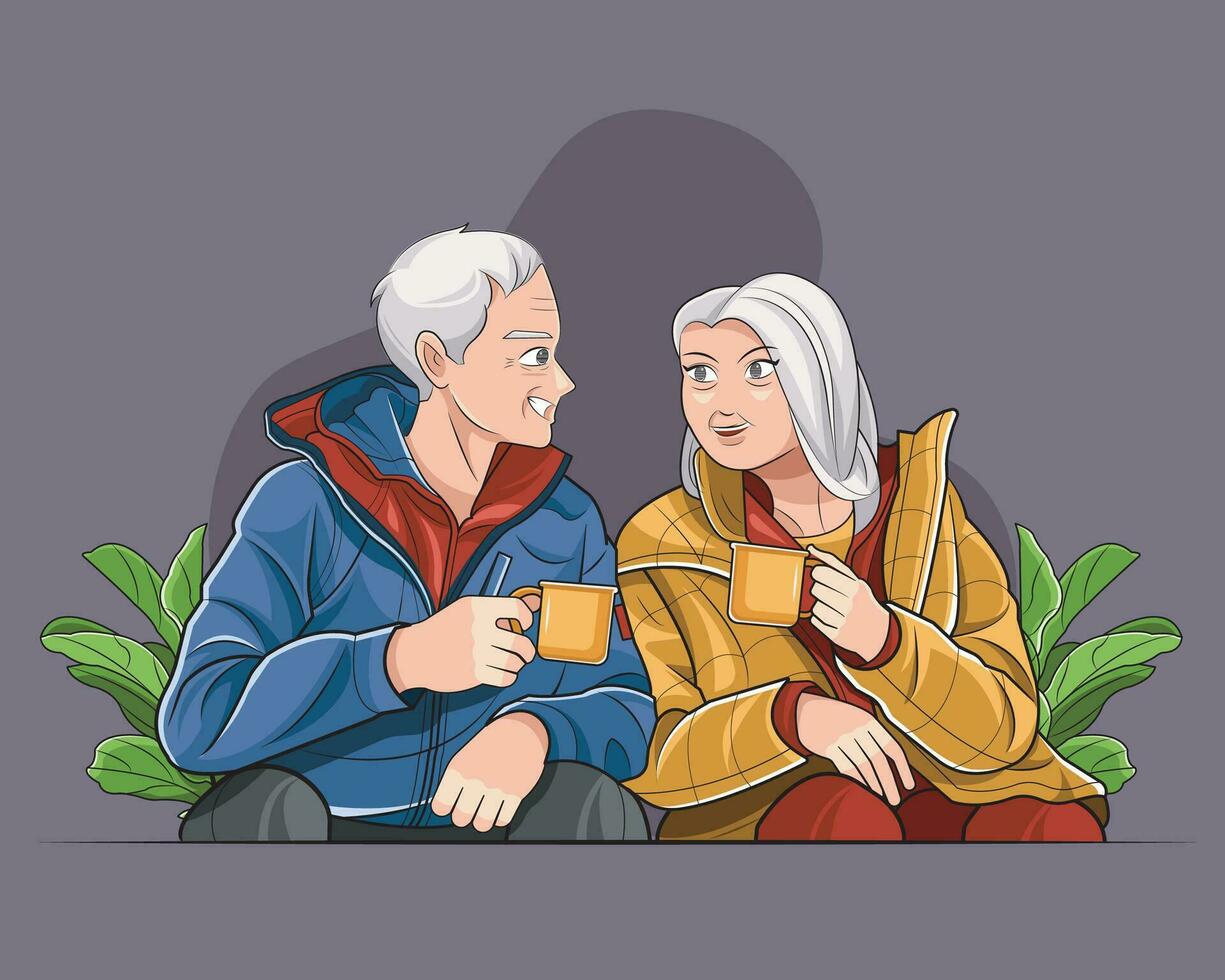Age diversity. Senior couple holding cup with tea vector illustration free download
