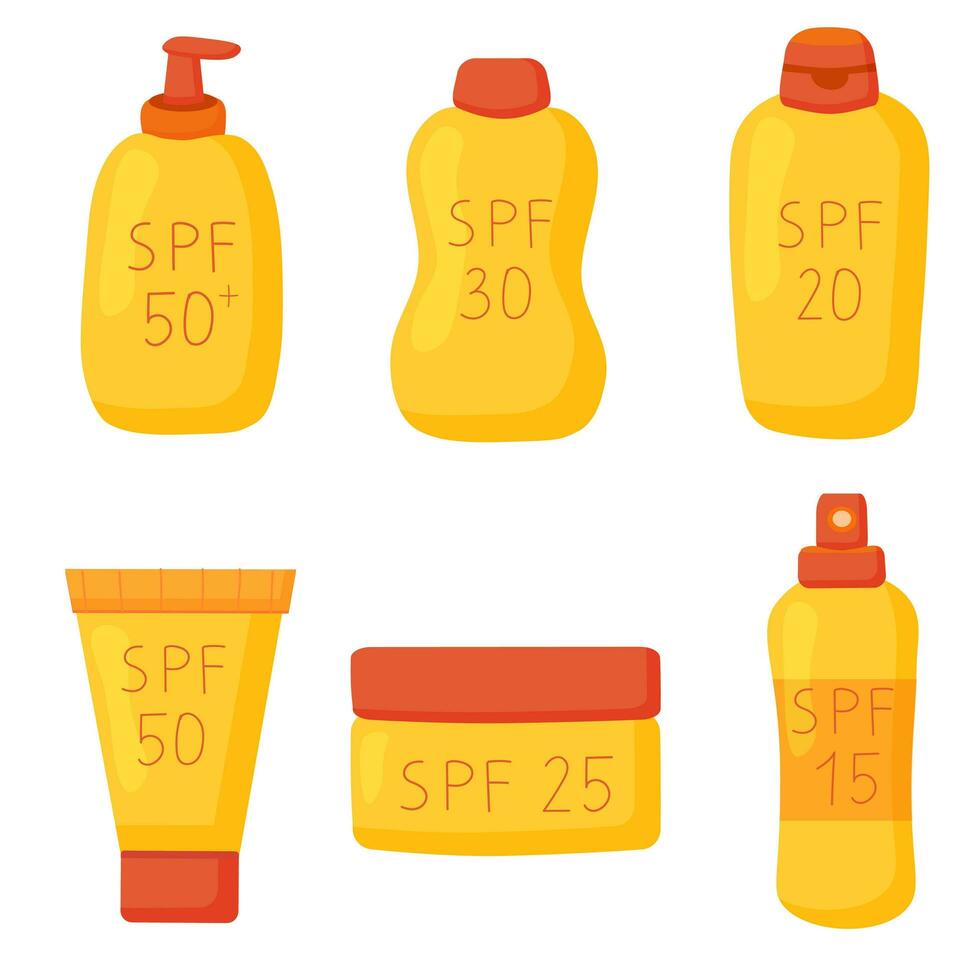 Sun cream SPF collection. Cream, lotion, mousse, spray. Summer cosmetics. Sunblock, skin protection, sunscreen, skin care products. Vector illustration