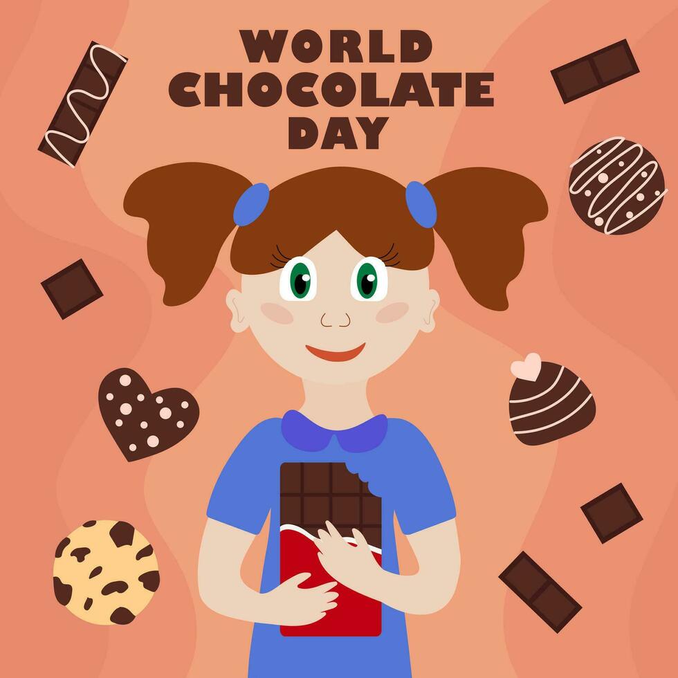 Cheerful girl with chocolate in her hands. World Chocolate Day. Candies, cookie, desserts around. Vector flat illustration.