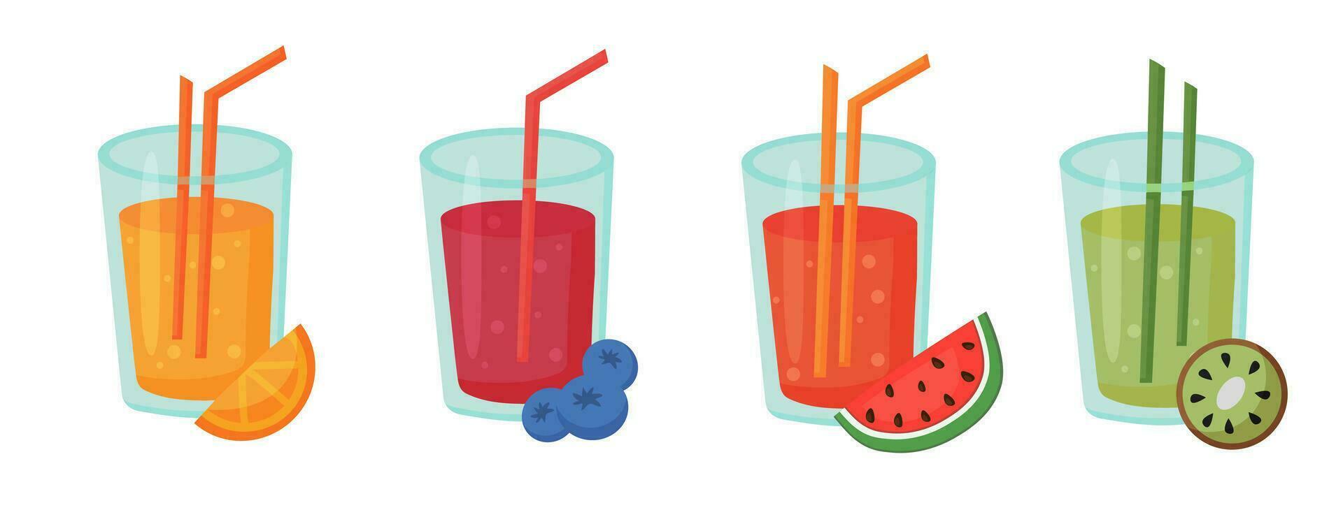 Fruta cócteles con pajitas colocar. naranja, sandía, arándano, kiwi jugo. Fresco verano beber. vector ilustración.
