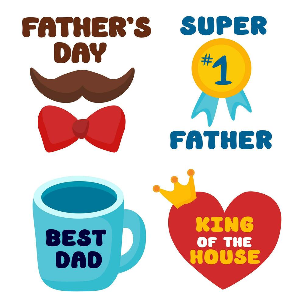 Father's day flat sticker, badge, icon, pin collection. Mustache with bow tie. Mug best dad. Super medal number one father. King of the house. vector