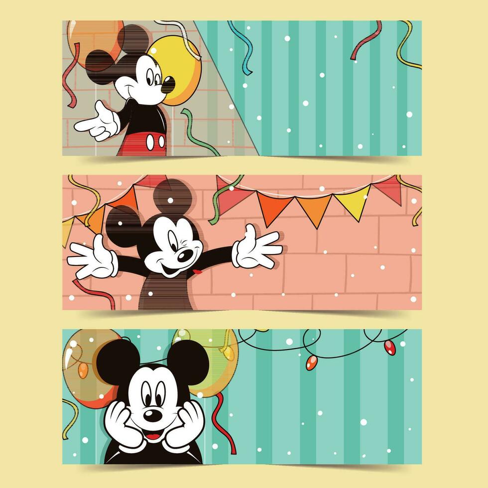 Cute Mouse Cartoon Character with Balloons and Confetti Banner Set vector