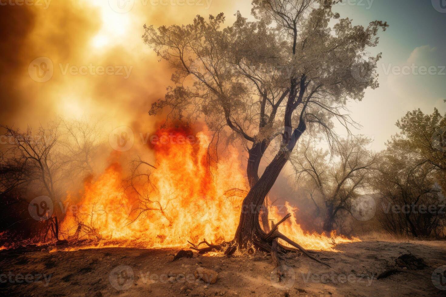 bosque en fuego fatuo causado el intenso verano calor foto