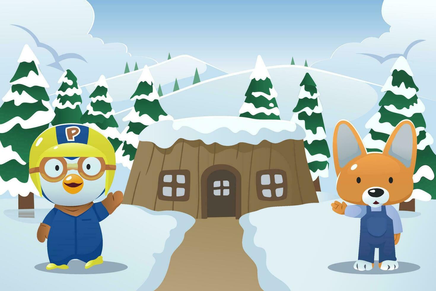 Cute Penguin and Fox in a Snowy Land Background vector
