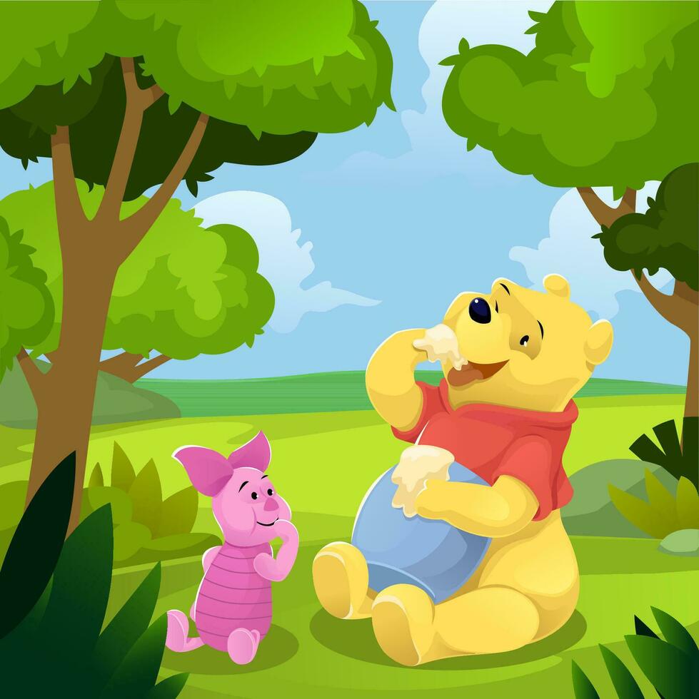 Bear and Pig Enjoy a Pot of Honey vector