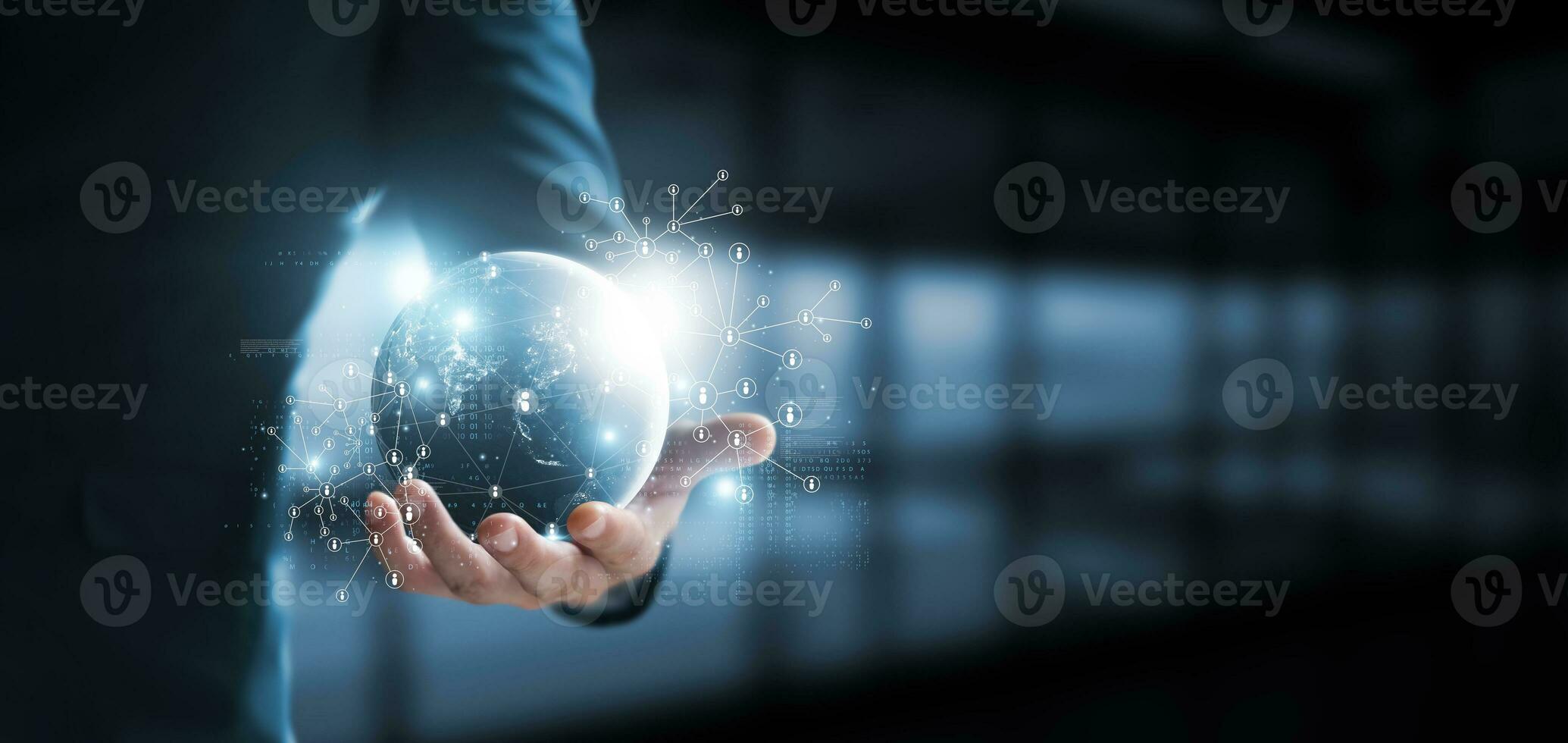 Global connection network structure, businessman holding global social network network, business strategy analysis. Finance and banking, technology. Innovation and communication concept. photo