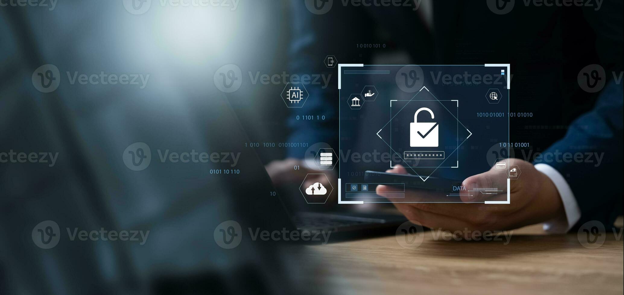 Cyber security and data protection, businessman using laptop and smartphone Internet network security system, protecting business and financial transaction data from cyber-attacks. photo
