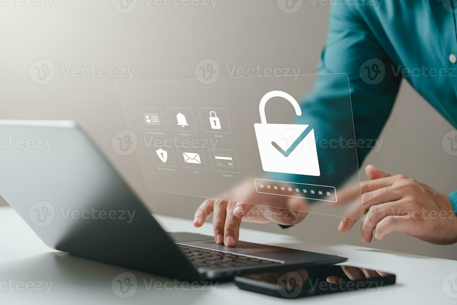 Cyber security and data protection, businessman using laptop Internet network security system, protecting business and financial transaction data from cyber-attacks, secure data encryption. photo