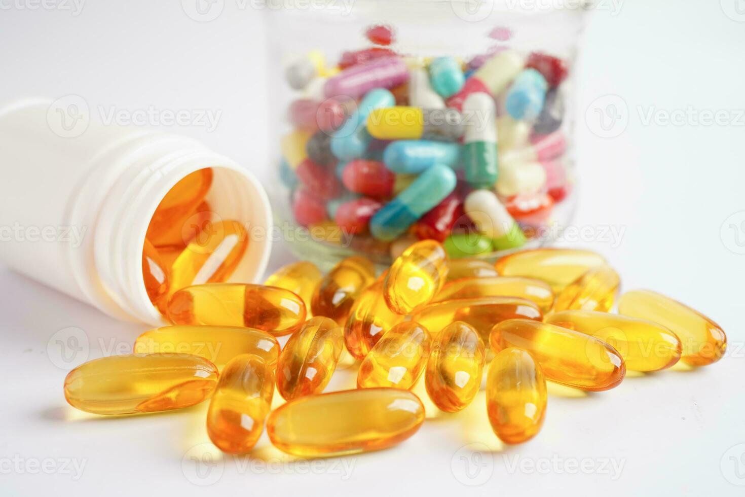 Drug capsule pill from drug prescription in drugstore, pharmacy for treatment health medicine. photo