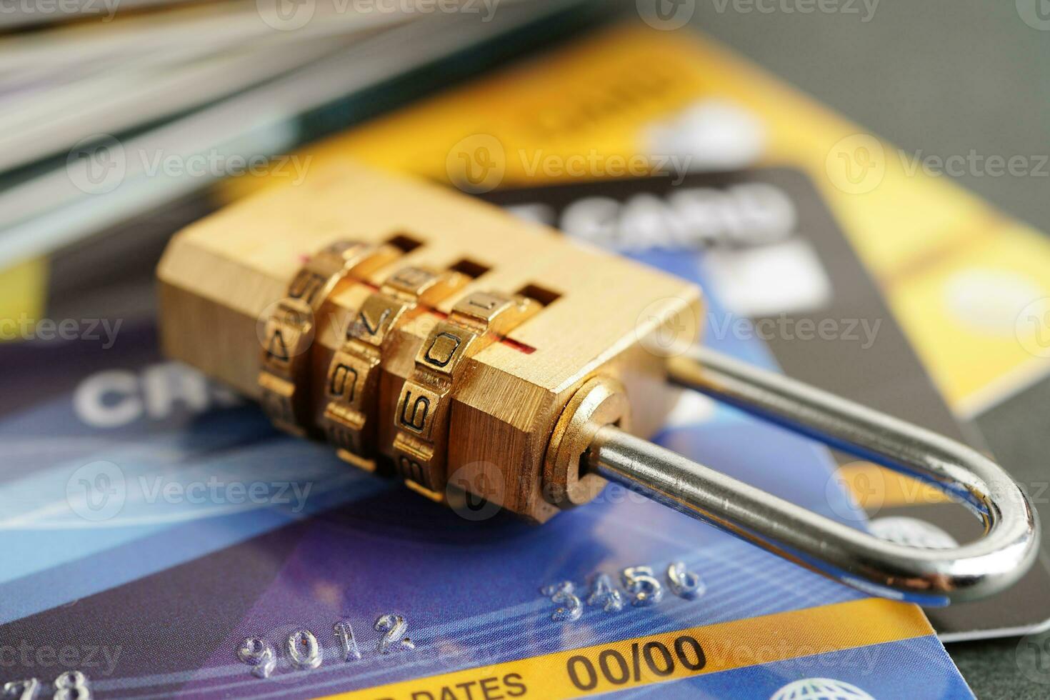 Credit card with password key lock, security finance business concept. photo