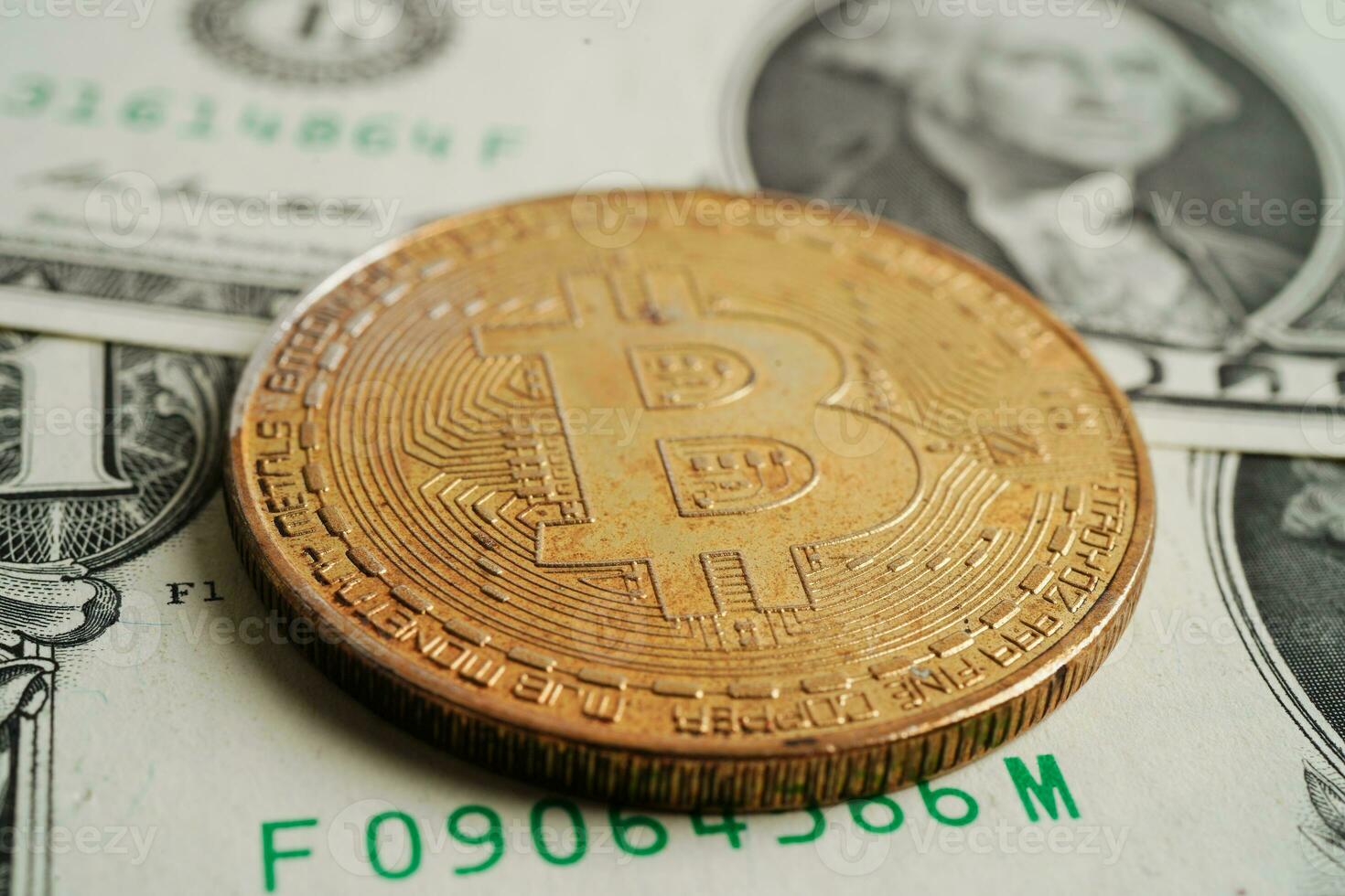 Golden bitcoin on US dollar banknotes money for business and commercial, Digital currency, Virtual cryptocurrency, blockchain technology. photo