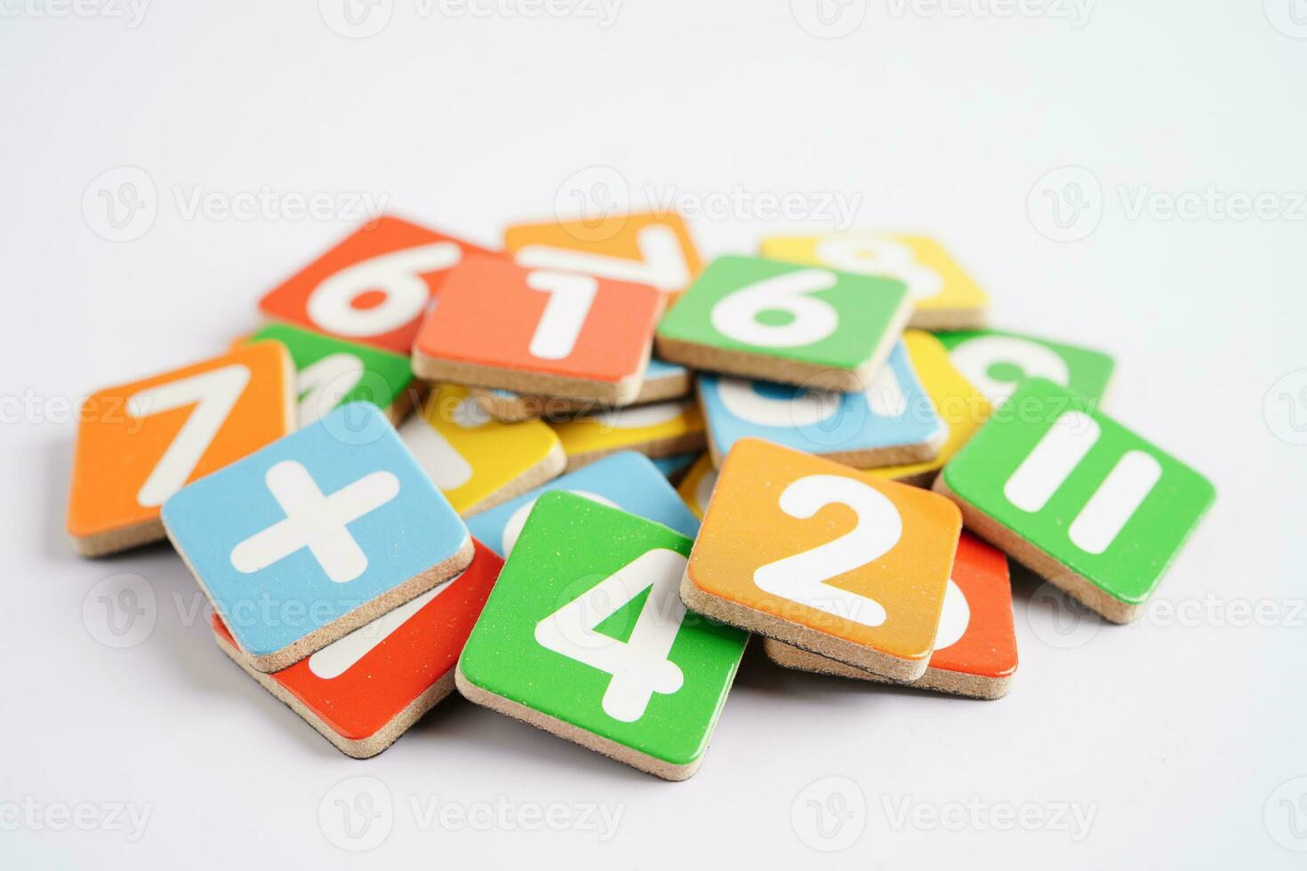 Number wood block cubes for learning Mathematic, education math concept. photo