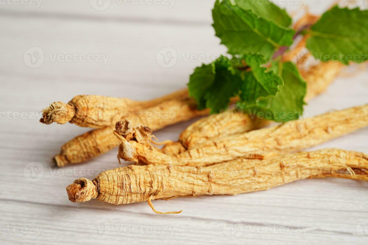 Ginseng roots and green leaf, healthy food. photo