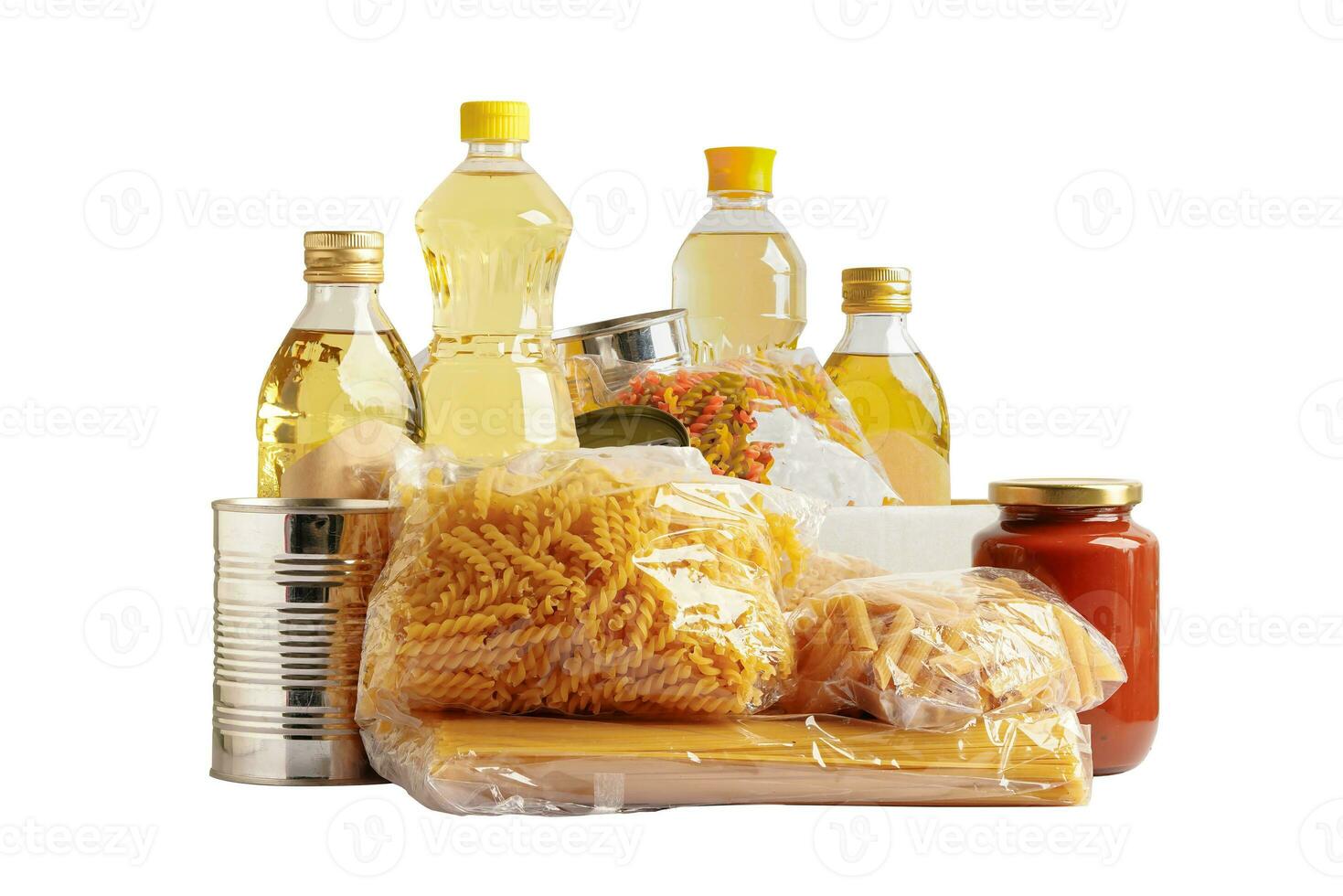 Foodstuffs in donation box isolated on white background with clipping path for volunteer to help people. photo