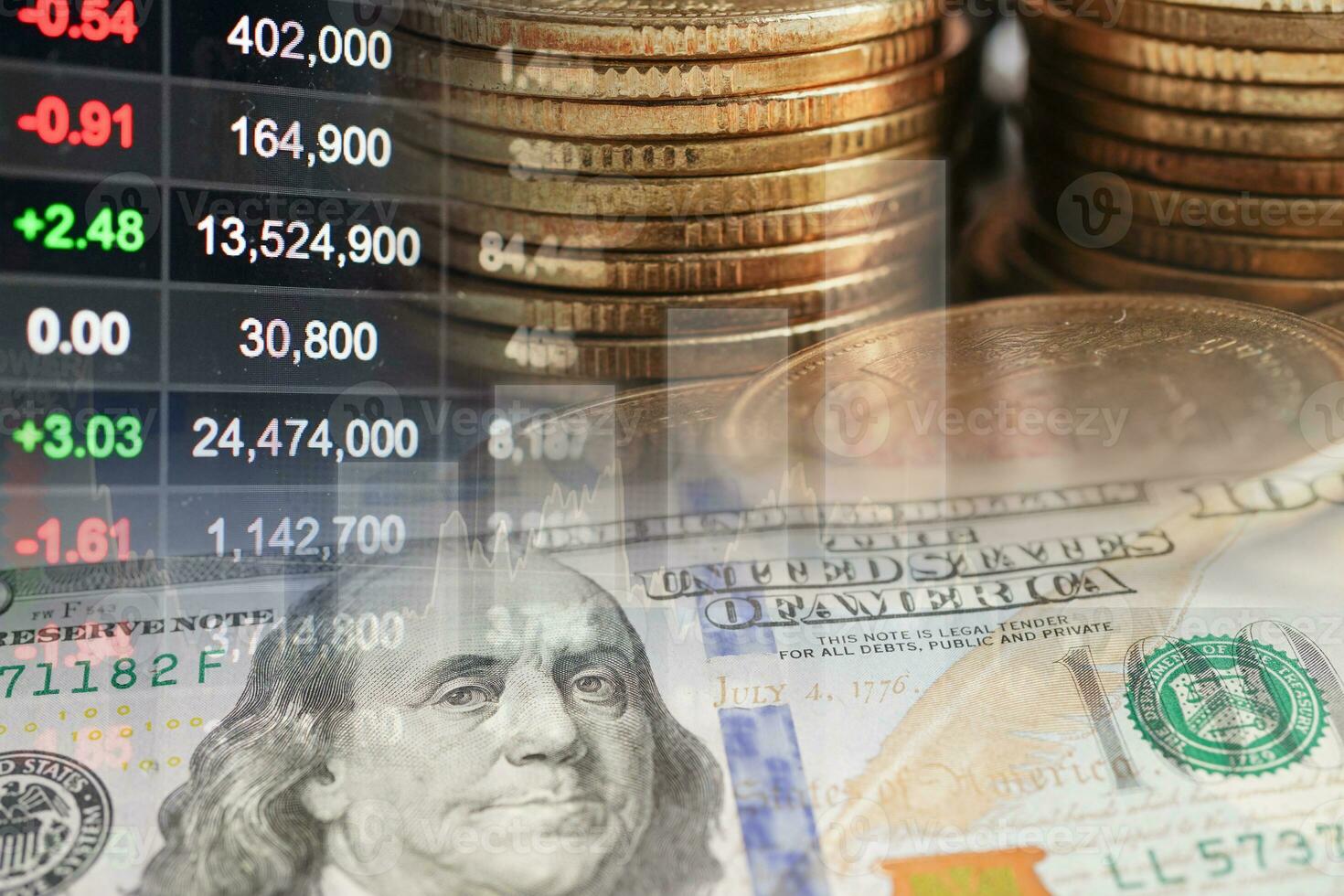 Stock market finance business with US dollar banknote, economy trend graph digital technology. photo
