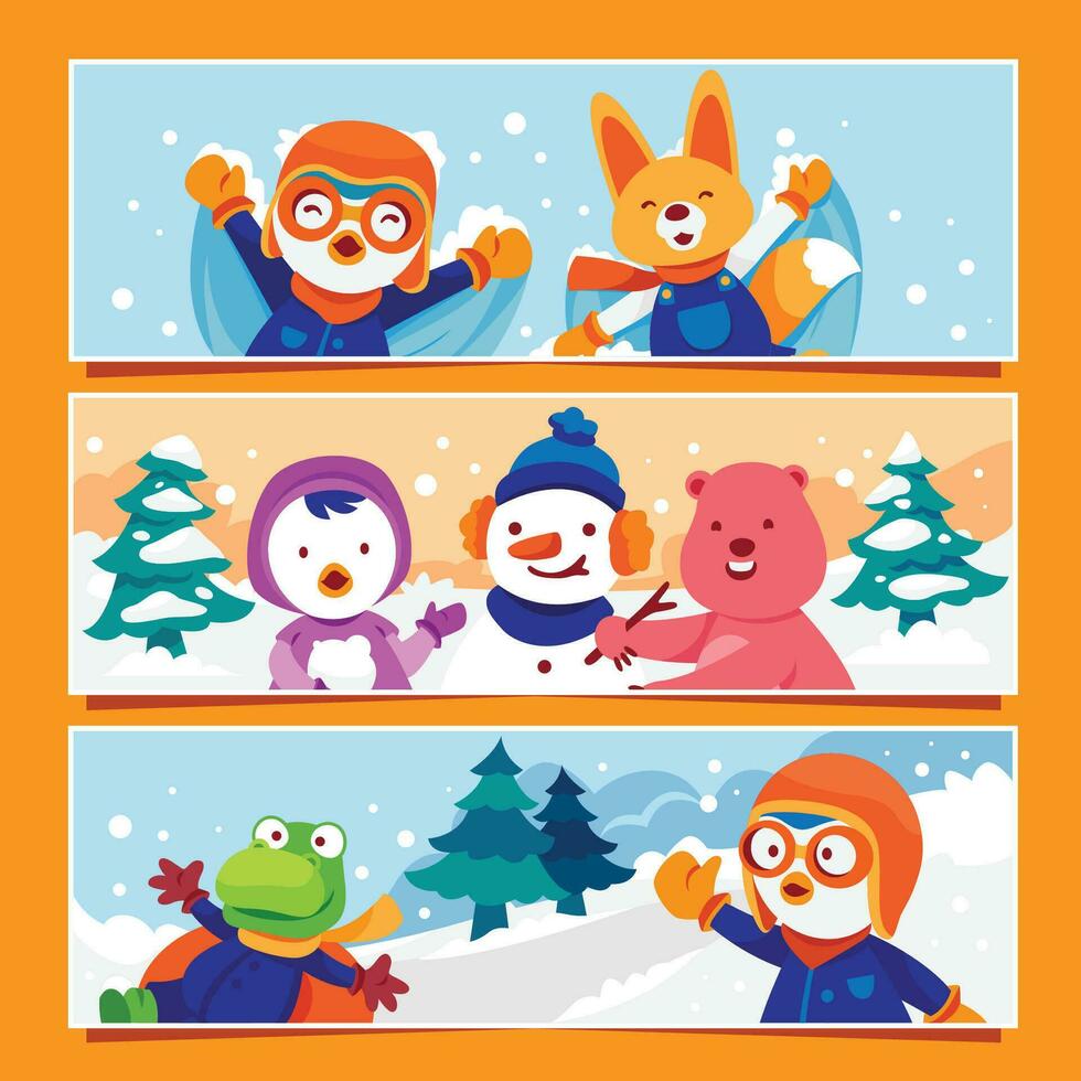 pequeño pingüino y amigos jugando en invierno vector