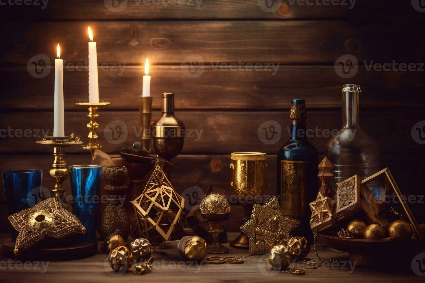 Candlestick with burning candles for Hanukkah, Ai generated photo