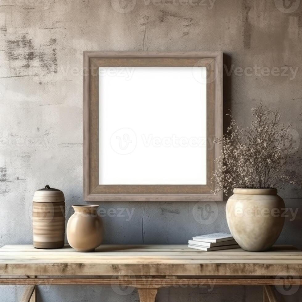 Square frame mockup in rustic interior, photo