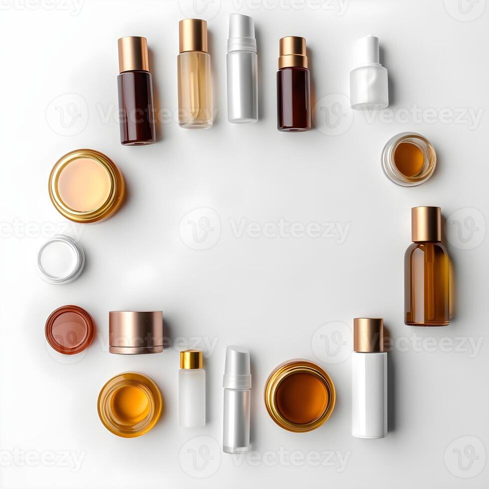 Natural cosmetic products at color background. Cream, mask, lotion for face and body care. Top view image with copy space. photo