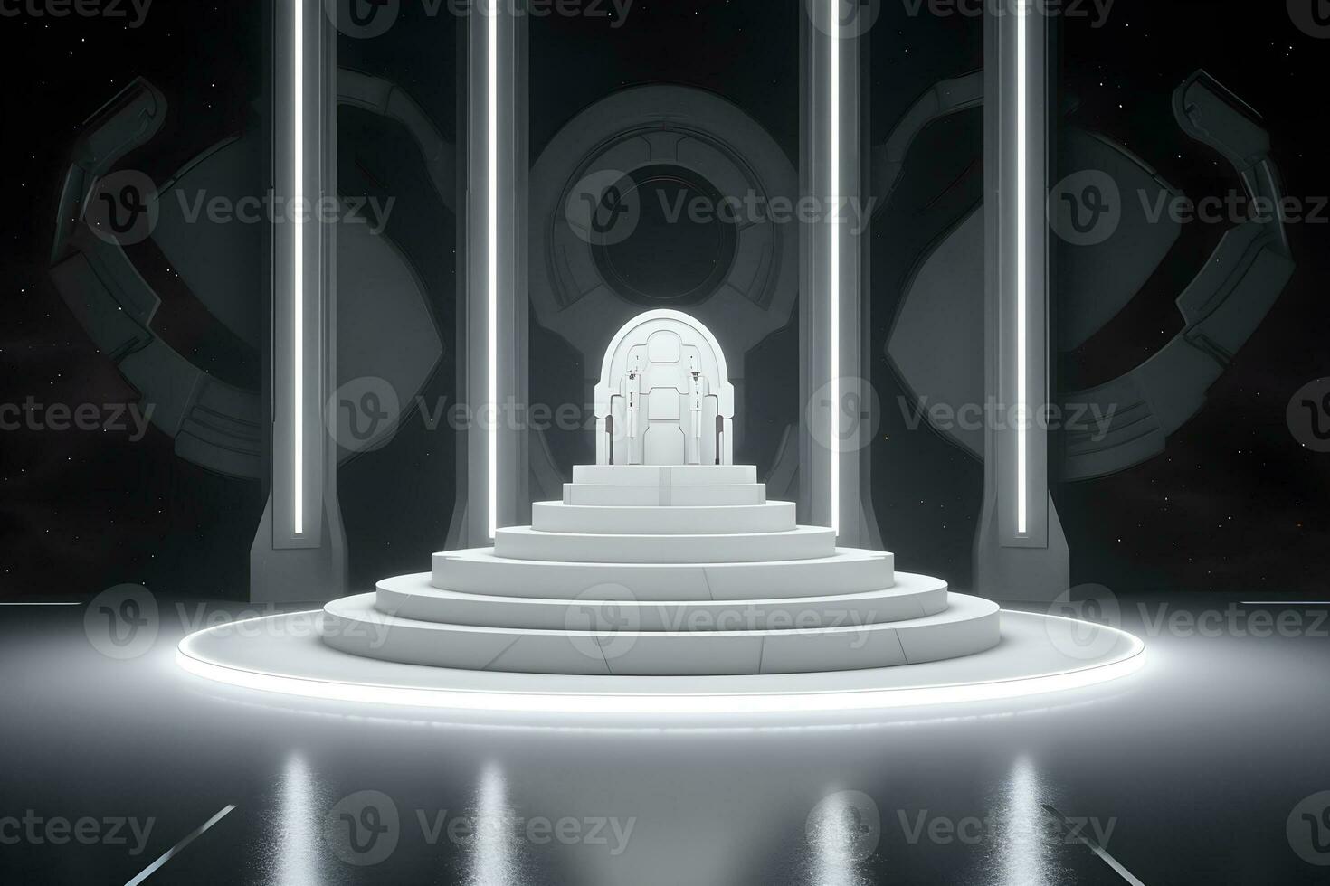 3D render white sci-fi product display podium with background futuristic photo