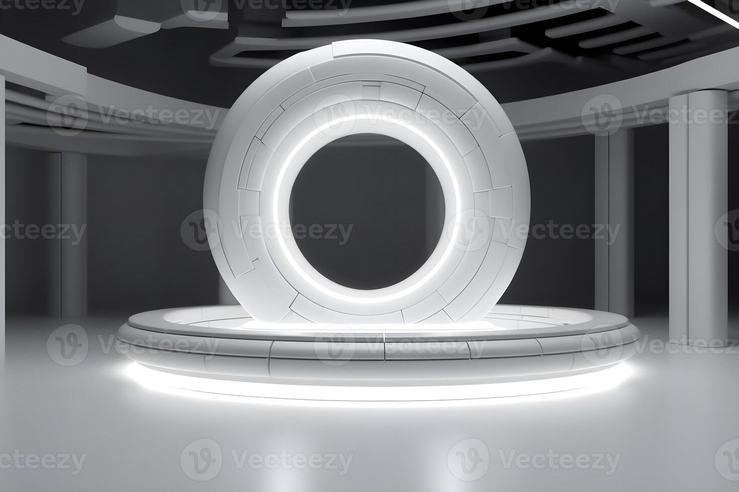 3D render white sci-fi product display podium with background futuristic photo