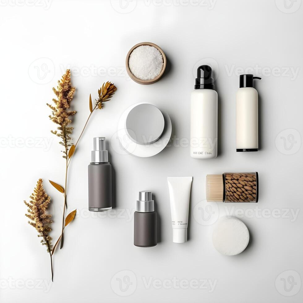 Natural cosmetic products at color background. Cream, mask, lotion for face and body care. Top view image with copy space. photo