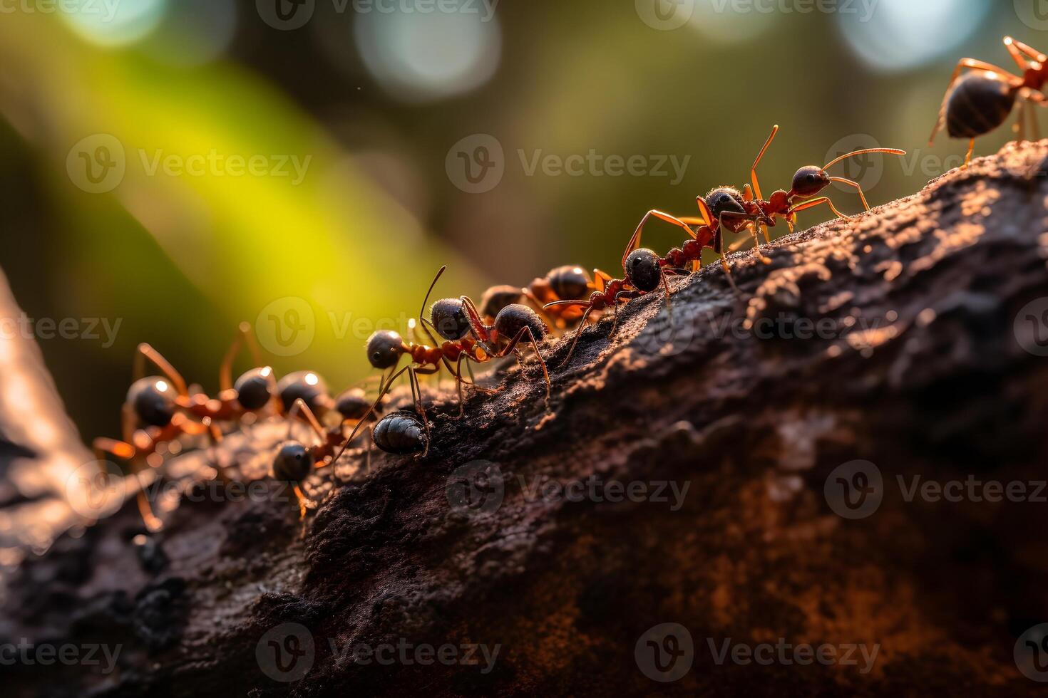 rojo hormigas son mirando para comida en árbol. ai generado foto