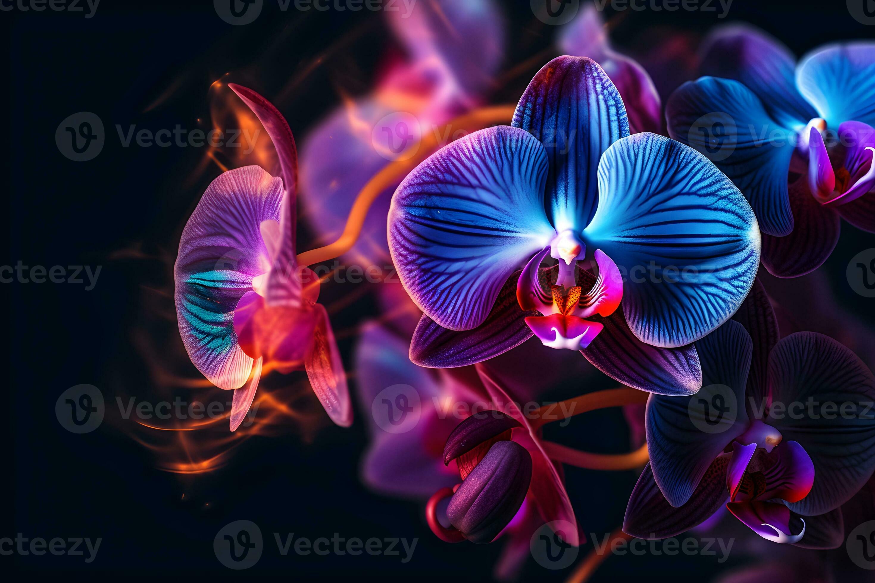 Orchid flowers with neon color and dark background. ai generated