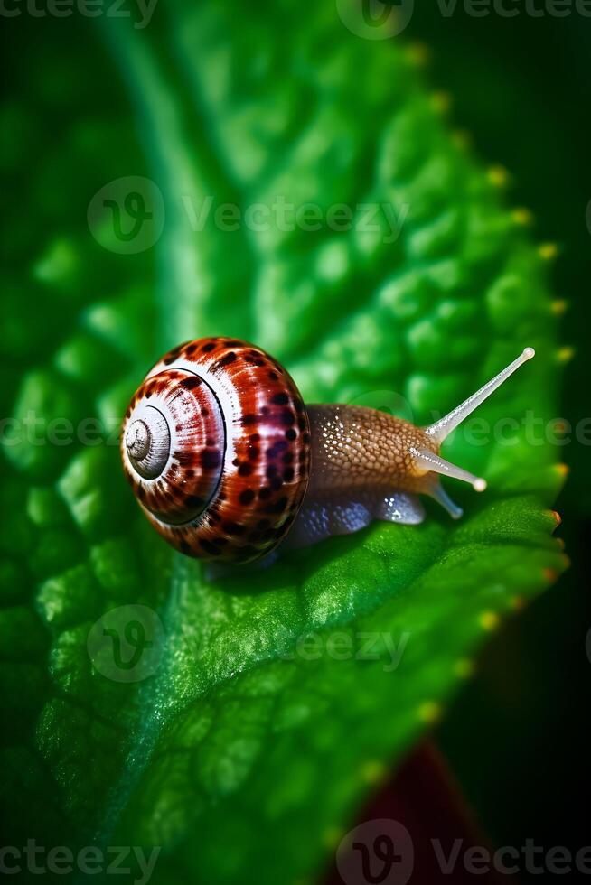 pequeño caracol en el jardín en un verde hoja. ai generado foto