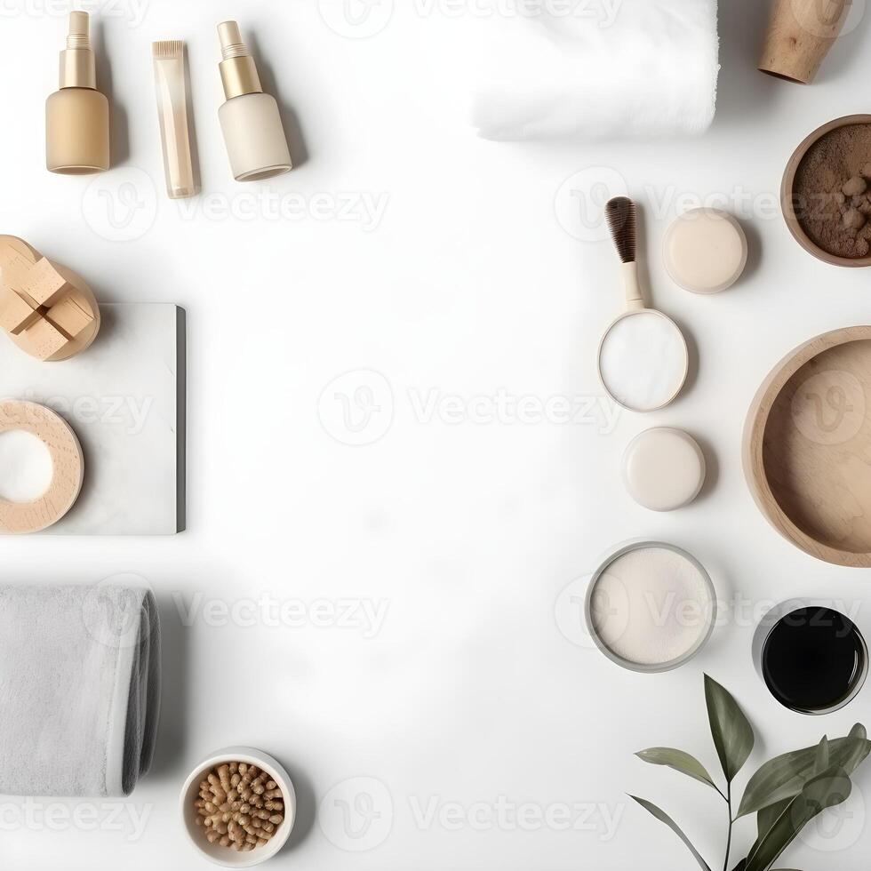 Natural cosmetic products at color background. Cream, mask, lotion for face and body care. Top view image with copy space. photo