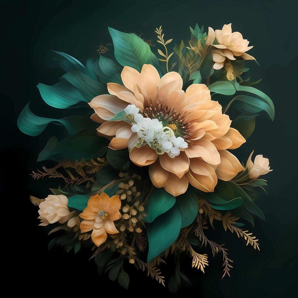 beautiful colorful flowers and ornament design on dark background, photo