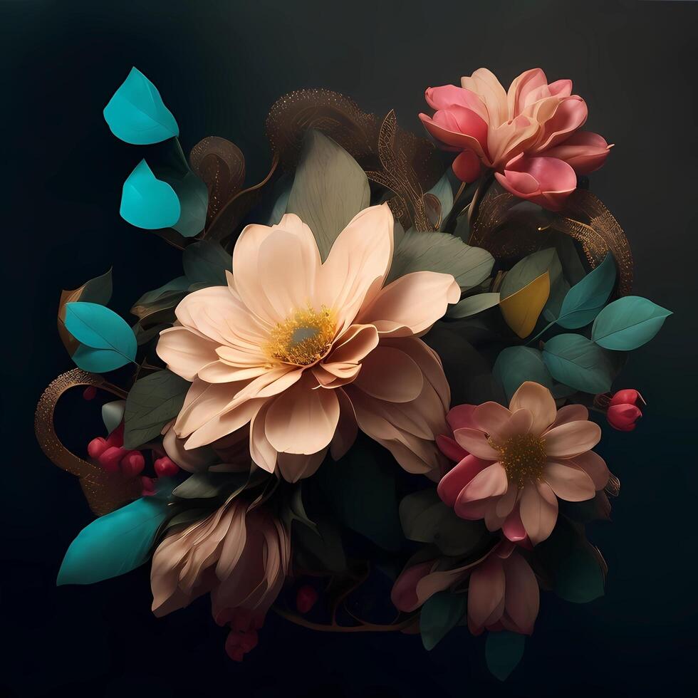 beautiful colorful flowers and ornament design on dark background, photo