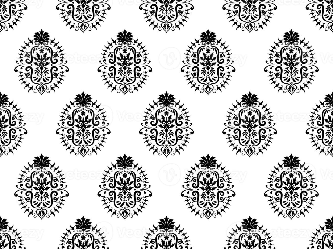Damask digital paper seamless floral pattern. Black Flowers on a white background. Luxury Royal Wallpaper. photo