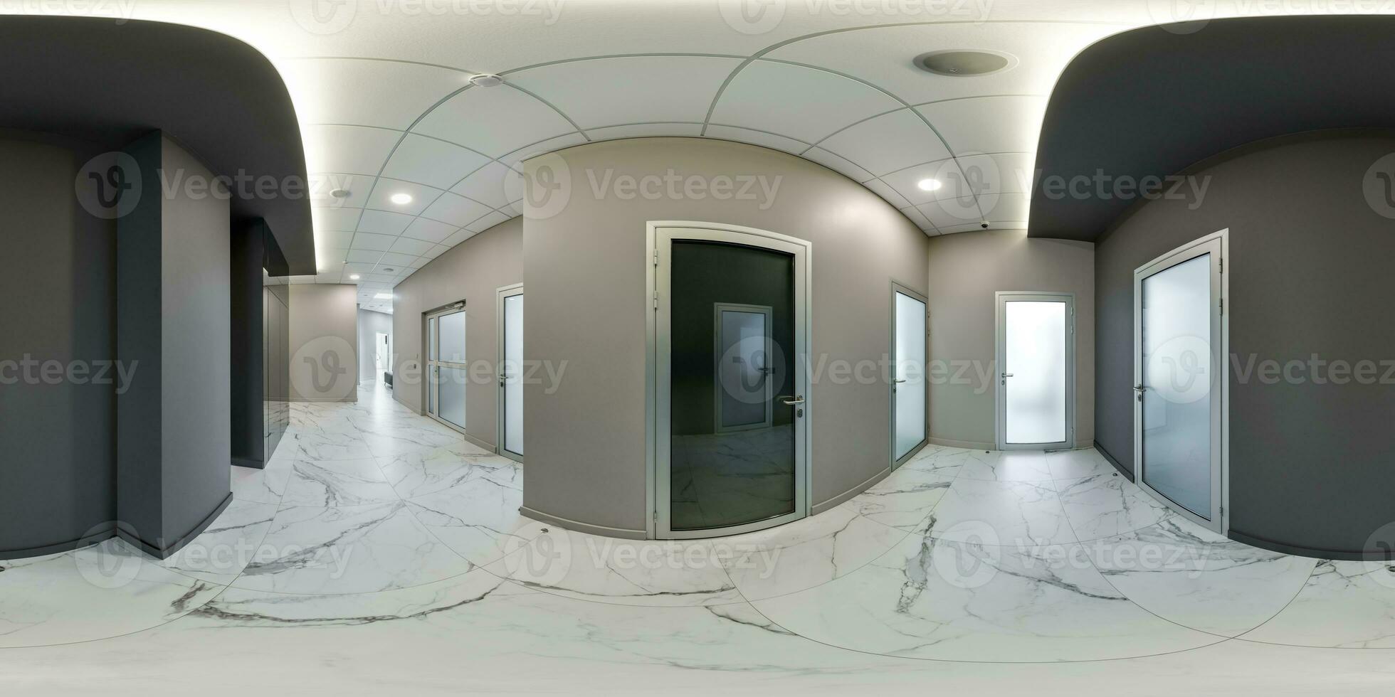 full seamless spherical hdri 360 panorama in interior empty narrow corridor for room office, modern apartments or clinic with many doors in equirectangular projection photo